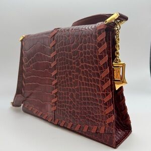 YSL Croc Embossed Whipstitch Baguette Shoulder Bag Cognac Gold Hardware